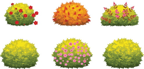 Stylized seasonal bushes with flowers and foliage in vibrant colors, perfect for landscaping, gardening, nature design, and botanical illustration themes.