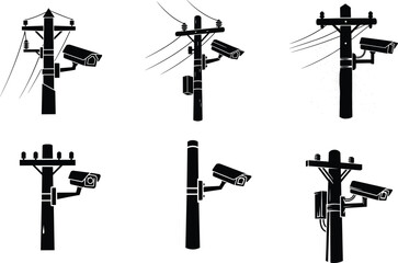 Surveillance utility poles with mounted security cameras and electrical components in urban infrastructure for public monitoring and safety vector illustration