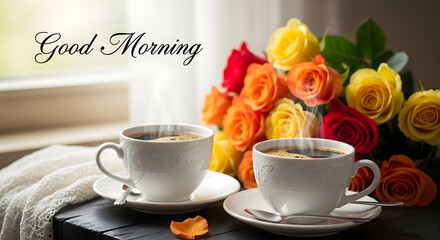 Morning Delight: Two cups of steaming coffee and a vibrant bouquet of roses beside a window, evoke feelings of warmth and the fresh start to a new day. 