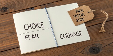 Choose Between Fear and Courage with Open Book and Tag on Wooden Table Surface