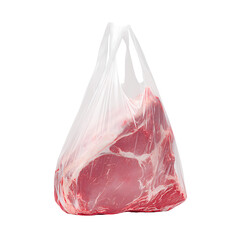 Raw meat in a plastic bag, isolated, presented on transparent background with textures and details.