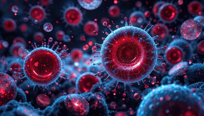 Detailed microscopic view of deadly virus cells multiplying, a visual resource for medical research and health awareness campaigns featuring vibrant colors