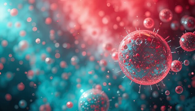 Vibrant virus cells under microscope with detailed structures for medical research or pharmaceutical illustration in red and blue hues for scientific appeal - Powered by Adobe