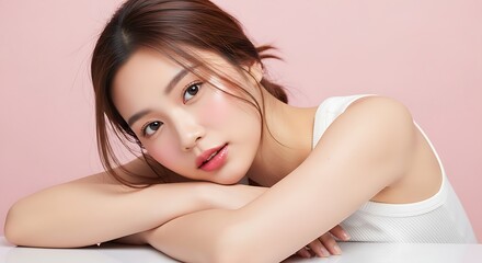 Soft Portrait of Asian Woman Posing with Arms on Pink Background