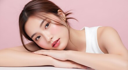 Attractive Asian Woman with Pink Blush and Natural Makeup