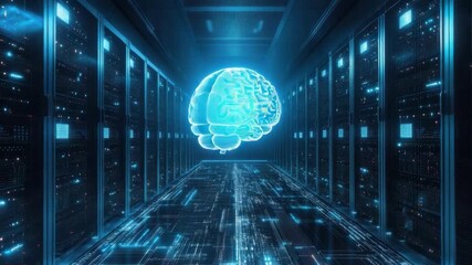 Digital Intelligence: A futuristic representation of digital intelligence takes center stage within a server room, where glowing circuits intertwine with the depiction of a luminous brain. - Powered by Adobe
