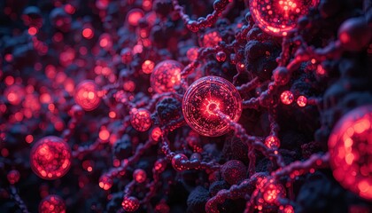 Explore a microscopic world with vibrant red cells, illuminating science and research possibilities with dynamic molecular structures and elegant bioluminescent detail