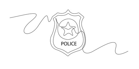 Continuous line drawing of a police badge.Single line illustration depicting a law enforcement emblem, symbolizing authority, security, and protection.