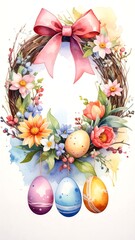 Watercolor wreath with bow, flowers, eggs, spring blossoms, and hanging eggs