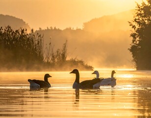 Sunrise over serene water with geese, hills and hazy atmosphere