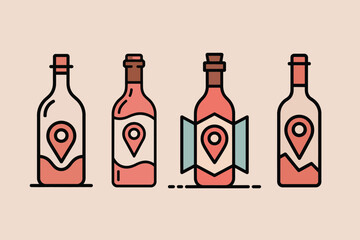 Four stylized bottles with location pins on their labels representing wine tourism