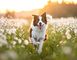 A happy dog with brown and white fur runs towards the viewer through a field of small white flowers, backlit by a warm sunset