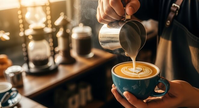 Skilled Barista Creates Latte Art Heart Design with Steamed Milk in Cozy Cafe