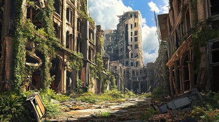 Ruined city street overgrown