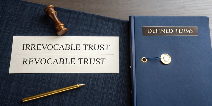 Document representing legal terms of irrevocable trust and revocable trust with pen and gavel on wooden table