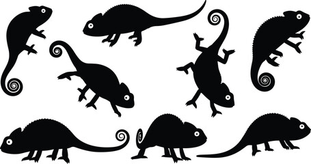 Set of Exotic Reptile Poses with Unique Tails and Black Vector Graphic Design.