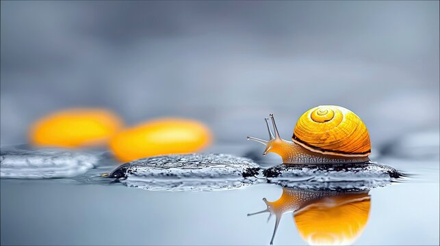 A single snail with a vibrant yellow shell is captured in a close-up shot as it navigates across a wet, rocky surface, with its reflection visible below.