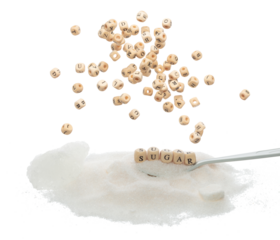 Sugar alphabet letter word bead on pile of refined sugar. Diabetes concept to reduce sweet food drink. Sugar letter word on sweetener type. White background isolated