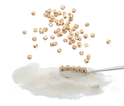 Sugar alphabet letter word bead on pile of refined sugar. Diabetes concept to reduce sweet food drink. Sugar letter word on sweetener type. White background isolated
