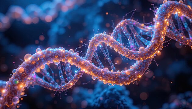 Stunning DNA strand illuminated with vibrant colors, unlocking secrets of life science and personalized medicine for a healthier future today