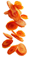 Sliced carrots float on dark backdrop