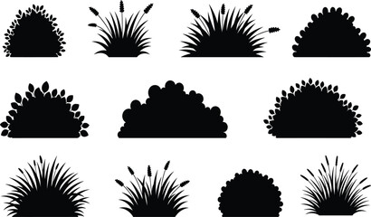 Black Silhouettes of Bushes and Shrubs in Various Shapes for Botanical, Landscaping, Nature, Garden, Foliage, and Design Themes