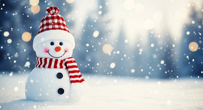 Adorable snowman with red and white striped hat and scarf standing in a snowy winter wonderland scene