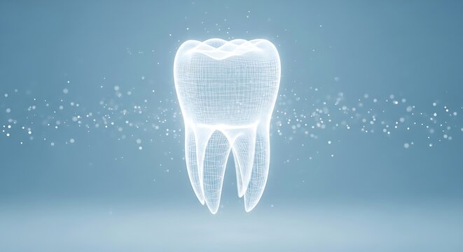 A digital representation of a tooth, rendered in a wireframe style with glowing particles, suggesting advanced dental technology and healthcare