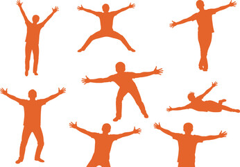 Dynamic Human Silhouettes in Expressive Poses – Orange Vector Figures Depicting Movement, Action, Emotion, and Physical Gestures for Design Use