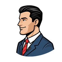 Man in Blue Suit and Red Tie Smiling Professionally Against Dark Backdrop with Microphone Detail