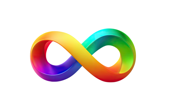 Colorful, 3D rendered infinity symbol on a black background