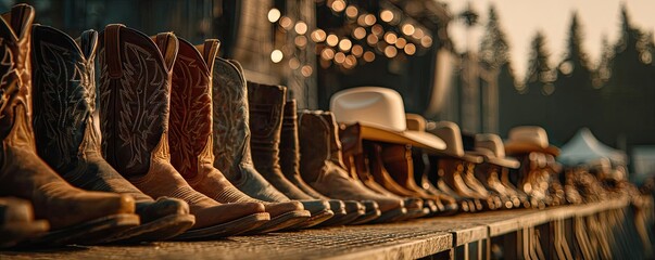 Live country music festival with cowboys in boots concept. A collection of cowboy boots displayed at a country event.