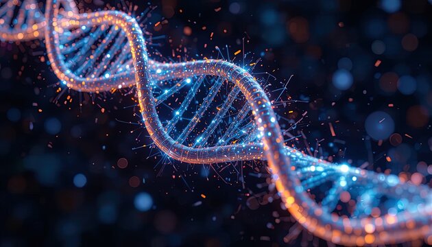 Stunning DNA strand visualization for innovative science, technology, and research projects, representing human genome, genetic engineering and scientific breakthrough