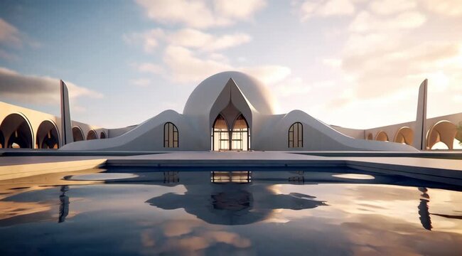 Architectural marvel reflected in serene water feature, modern design and peaceful aesthetic,