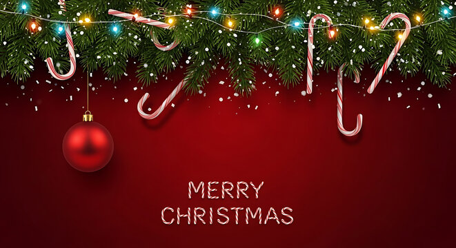 Festive christmas background with candy canes, fir branches, christmas lights and red christmas ball