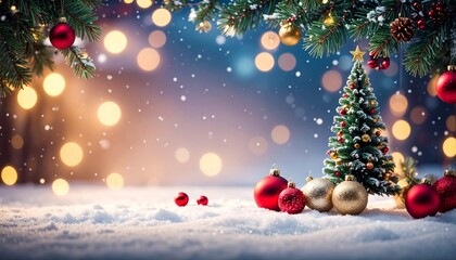 A glowing Christmas tree standing on snow under a starry night atmosphere, surrounded by ornaments and soft golden lights creating a warm festive feeling.