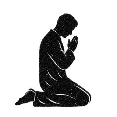 Man kneeling silhouette composed of white particles on a transparent background praying or meditating with hands clasped