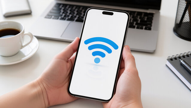 Setting WiFi of smart phone, Closeup of male hands touching smartphone screen at table