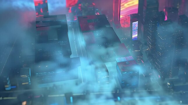 Futuristic cityscape with 3D text OPEN BASIC overlaid buildings mist and neon lights