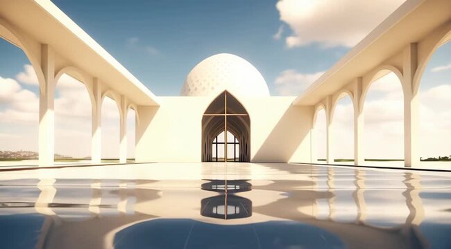 Elegant Islamic architectural structure with arches reflecting on a rippled water surface for