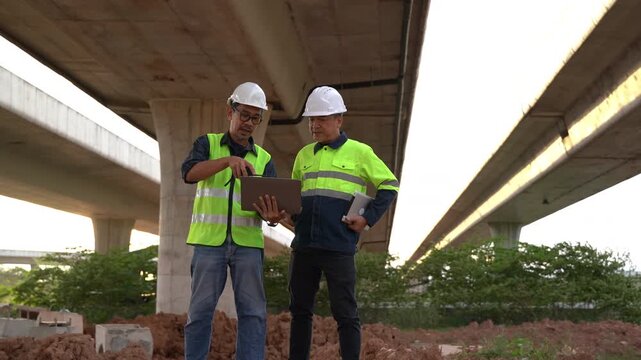 Constructive Collaboration on Urban Development Project as Engineers Review Plans Under Bridge Construction in Industrial Site Setting
