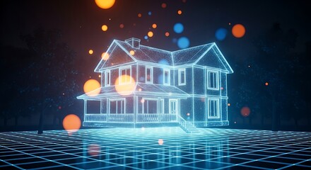 A futuristic house design represented as a wireframe hologram with glowing particles, showcasing innovation in architecture and digital technology