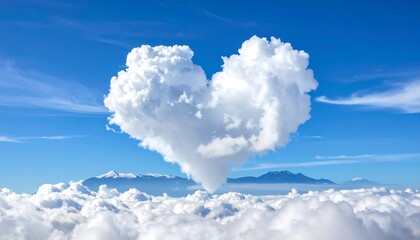A serene image showcasing a heart-shaped cloud amidst a vast expanse of fluffy white clouds, against a bright blue sky