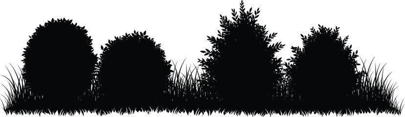 Silhouette row of bushes and grass with natural foliage shapes, isolated black vegetation for landscaping, nature design, and outdoor scenes.