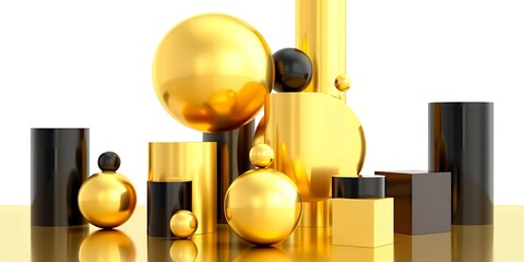 Abstract arrangement of golden and black spheres cylinders and cubes on a reflective surface