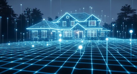Advanced home technology with glowing lines and grid, illustrating smart home automation, digital connectivity, and futuristic architectural design concept