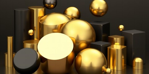 Abstract arrangement of gold and black geometric shapes spheres and cylinders against a dark background