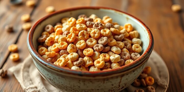 A rustic ceramic bowl overflowing with crunchy breakfast cereal,  morning meal,   cereal bowl