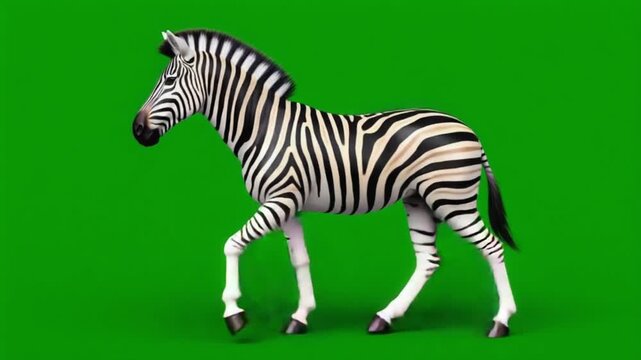 Animated zebra walking across a green screen background in a cartoon style animation clip zebra green screen video