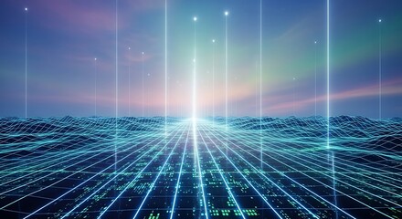 A digital landscape with glowing lines and a vibrant sky, representing connectivity, data flow, and the future of technology and communication